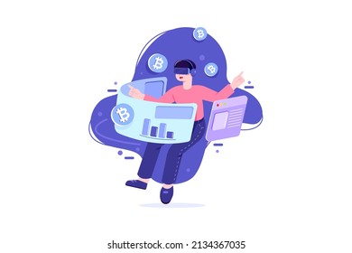 Bitcoin mining using VR Illustration concept. Flat illustration isolated on white background.