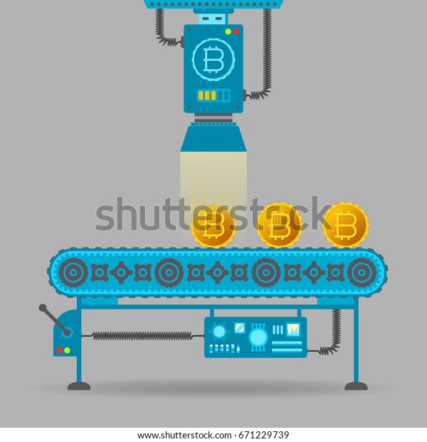 Bitcoin Mining Vector Concept Conveyor Flat Stock Vector Royalty - 