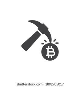Bitcoin mining vector icon. filled flat sign for mobile concept and web design. Bitcoin and Pickaxe glyph icon. Symbol, logo illustration. Vector graphics
