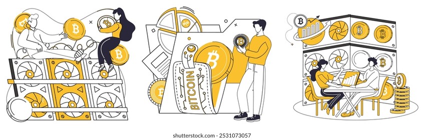 Bitcoin mining vector illustration. Coin, emblem, becomes symbol value and innovation in realm cryptocurrency Finance, conductor, orchestrates symphony where Bitcoin plays key role in digital economy