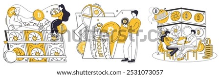 Bitcoin mining vector illustration. Coin, emblem, becomes symbol value and innovation in realm cryptocurrency Finance, conductor, orchestrates symphony where Bitcoin plays key role in digital economy