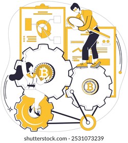 Ilustração do vetor de mineração Bitcoin. Criptografia, guardião, salvaguarda transações de integridade e segurança no reino Bitcoin Algoritmo, arquiteto, projetos blueprint para mineração Bitcoin, guia