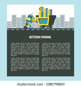 Bitcoin mining. Vector illustration. Bitcoin icon set. Cute robot carries a trolley with bitcoins.