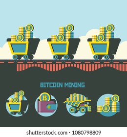 Bitcoin mining. Vector illustration. Bitcoin icon set. Trolleys with bitcoins. Wallet with bitcoin. Big mining dump truck with bitcoins. Stack of coins.