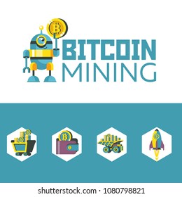 Bitcoin mining. Vector illustration. Bitcoin icon set. A cute robot carries a big bitcoin coin.