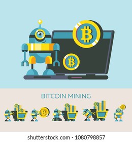 Bitcoin mining. Vector illustration. Bitcoin icon set. Cute robot costs about laptop. Laptop produces bitcoins.