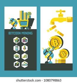 Bitcoin mining. Vector illustration. Bitcoin icon set. Bitcoin faucet. A cute robot carries a big bitcoin coin.