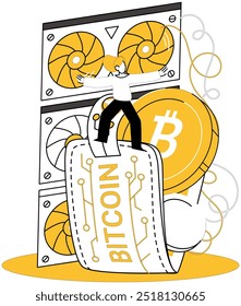 Ilustração do vetor de mineração Bitcoin. Bitcoin metáfora de mineração, escavação, mergulha em terra virtual para extrair preciosa moeda digital Criptografia, guardião, salvaguarda integridade e segurança