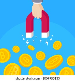 Bitcoin mining via big magnet in hand of business related in flat design concept
