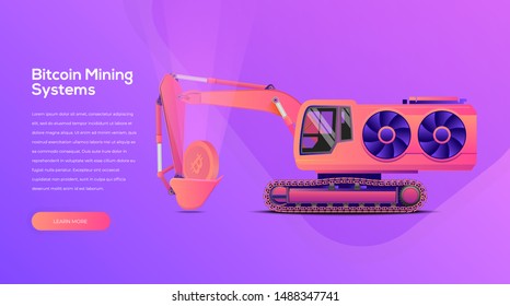 Bitcoin Mining Web Banner Template. Modern Styled Trendy Vector Illustration.