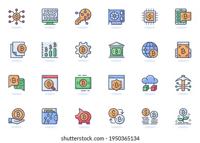 Bitcoin mining web flat line icon. Bundle outline pictogram of coin, gold, digital money, video card, electronic key, blockchain tech concept. Vector illustration of icons pack for website design