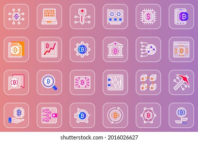 Bitcoin mining web glassmorphic icons set. Pack outline pictograms of blockchain technology, digital money earning, banking, binary code, exchange, investment and other. Vector line glass symbols