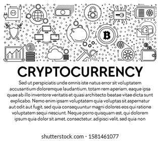 Bitcoin mining and web wallet, cryptocurrency and blockchain system line icons banner vector. Miners pool and laptop, hardware outline symbols. Digital money earning, IT technologies and finance