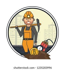 Bitcoin mining worker with pick and tnt