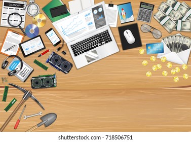 bitcoin mining workplace with object and tools