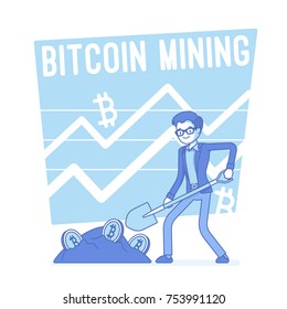 Bitcoin mining. Young rich man with a spade and heap of coins, approving transactions, managing great profit, monitoring great results. Vector lineart concept illustration