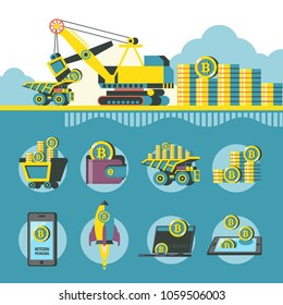 Bitcoin mining.Career technology loads bitcoins into a dump truck.  Conceptual illustration. Bitcoin mining icons. Vector clipart.