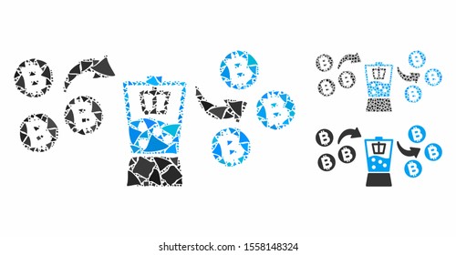 Bitcoin mixer composition of rough pieces in different sizes and color tints, based on Bitcoin mixer icon. Vector joggly parts are organized into composition.