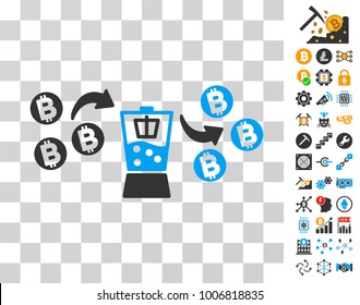 Bitcoin Mixer pictograph with bonus bitcoin mining and blockchain design elements. Vector illustration style is flat iconic symbols. Designed for crypto currency ui toolbars.