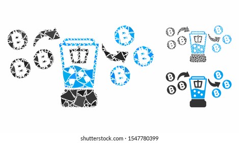 Bitcoin mixing service mosaic of inequal pieces in different sizes and color tints, based on Bitcoin mixing service icon. Vector joggly pieces are grouped into collage.
