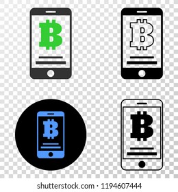 Bitcoin mobile account EPS vector icon with contour, black and colored versions. Illustration style is flat iconic symbol on chess transparent background.