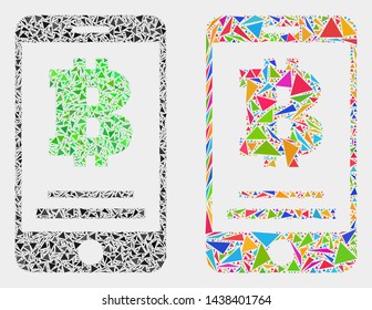 Bitcoin mobile account mosaic icon of triangle elements which have various sizes and shapes and colors. Geometric abstract vector design concept of bitcoin mobile account.