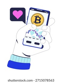 App móvil de Bitcoin en el concepto de ilustración 2D de teléfono inteligente. Amor por la criptomoneda fintech. Mano que sostiene el teléfono con la composición de la historieta del comercio de valores aislada en blanco. Metáfora de Vector abstracto plano