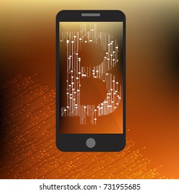 Bitcoin mobile lockscreen. High quality bitcoin sign on mobile screen. Wired background. Cryptocurrency technology