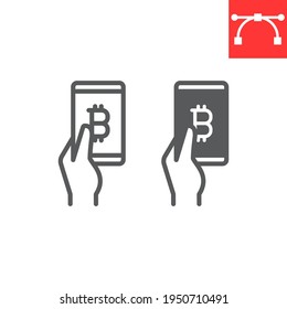 Bitcoin mobile pay line and glyph icon, payment and pay with bitcoin, Hand holding smartphone icon, vector graphics, editable stroke outline sign, eps 10