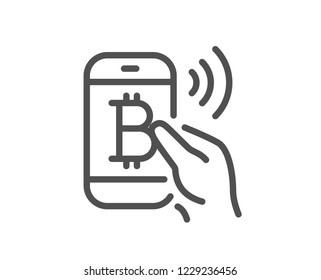 Bitcoin mobile pay line icon. Cryptocurrency sign. Crypto money symbol. Quality design flat app element. Editable stroke Bitcoin pay icon. Vector