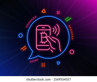 Bitcoin mobile pay line icon. Neon laser lights. Cryptocurrency sign. Crypto money symbol. Glow laser speech bubble. Neon lights chat bubble. Banner badge with bitcoin pay icon. Vector