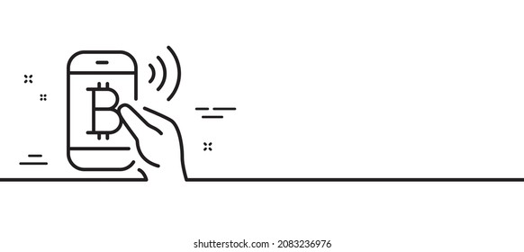 Bitcoin mobile pay line icon. Cryptocurrency sign. Crypto money symbol. Minimal line illustration background. Bitcoin pay line icon pattern banner. White web template concept. Vector