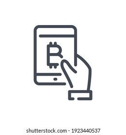 Icono de línea de pago móvil de Bitcoin. Teléfono móvil con señal de contorno vectorial de mano y Bitcoin.