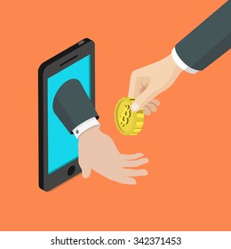 Bitcoin mobile payment method acceptance flat 3d isometry isometric concept web infographics vector illustration. Big hand from smartphone screen takes bit coin. Creative people collection.