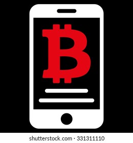 Bitcoin Mobile Payment vector icon. Style is flat bicolor red and white symbol, rounded angles, black background.