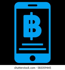 Bitcoin Mobile Payment vector icon. Illustration style is a flat iconic blue symbol on black background.