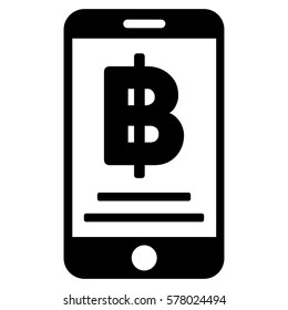 Bitcoin Mobile Payment vector pictogram. Illustration style is a flat iconic black symbol on white background.