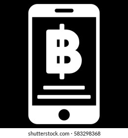 Bitcoin Mobile Payment vector pictogram. Illustration style is a flat iconic white symbol on black background.