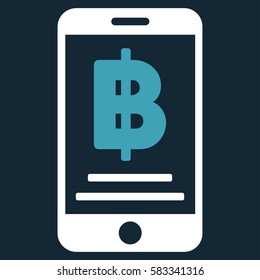 Bitcoin Mobile Payment vector pictogram. Illustration style is a flat iconic bicolor blue and white symbol on dark blue background.