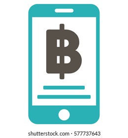 Bitcoin Mobile Payment vector pictograph. Illustration style is a flat iconic bicolor grey and cyan symbol on white background.