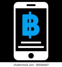 Bitcoin Mobile Payment vector pictograph. Illustration style is a flat iconic bicolor blue and white symbol on black background.