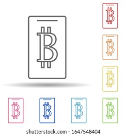 Bitcoin en teléfono móvil en un icono de estilo multicolor. Línea delgada simple, contorno vector de iconos de banca móvil para ui y ux, sitio web o aplicación móvil