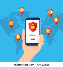 Bitcoin mobile security, safety saving, protection concept. Map Earth. Hand holding smartphone. Bit coin cryptocurrency blockchain. Lock phone padlock. Flat design vector illustration web, websiteapp