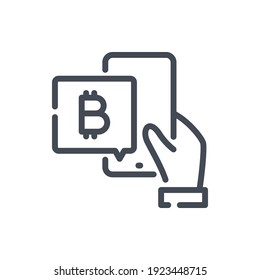 Bitcoin Mobile Trading Line Symbol. Hand, die ein Handy mit bitcoin-Vektorgrafik-Schild hält.