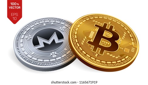 Bitcoin. Monero. 3D isometric Physical coins. Digital currency. Cryptocurrency. Silver coin with Monero symbol and golden coin with bitcoin symbol isolated on white background. Vector illustration.