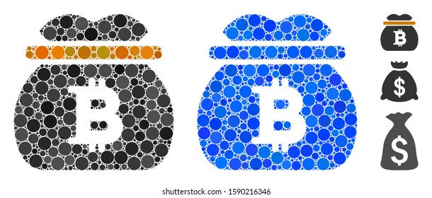 Bitcoin money bag composition of round dots in variable sizes and color tinges, based on Bitcoin money bag icon. Vector round dots are organized into blue composition.