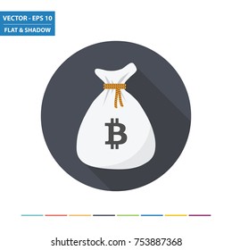 Bitcoin - money bag flat icon with long shadow. Vector Illustration.