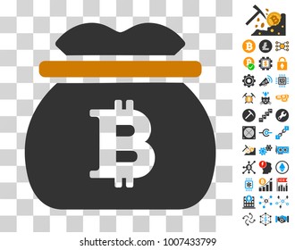 Bitcoin Money Bag icon with bonus bitcoin mining and blockchain design elements. Vector illustration style is flat iconic symbols. Designed for crypto-currency apps.