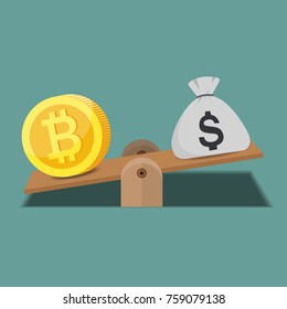 Bitcoin and money bag on the scale