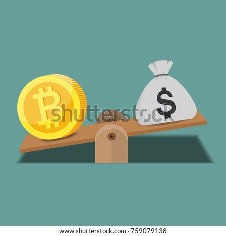 Bitcoin and money bag on the scale